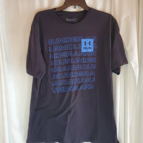 Under Armour Run T-Shirt Mens Xl Loose Black Blue Graphic Heatgear - Picture 1 of 4